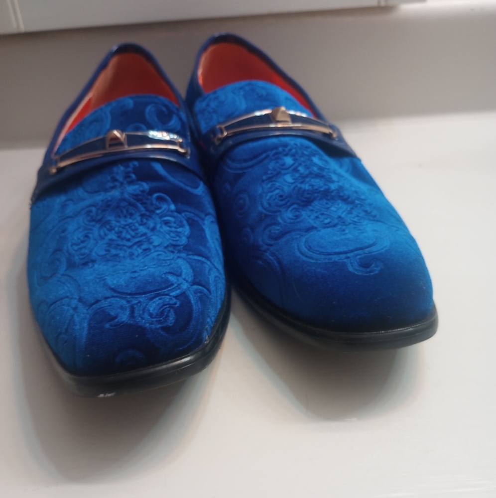 Blue Embossed Velvet Men's Slip-On Loafers - Picture 5 of 9